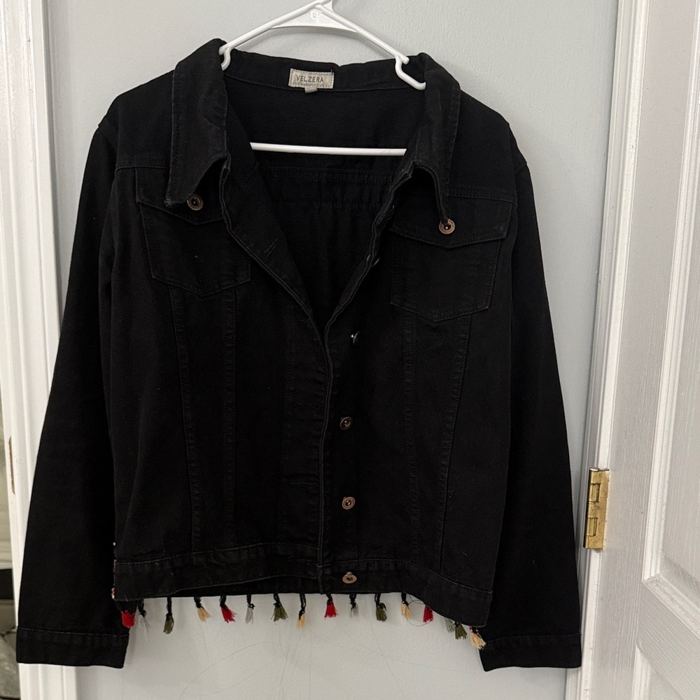 AKIRA Black Jean Jacket with Multicolor Tassels